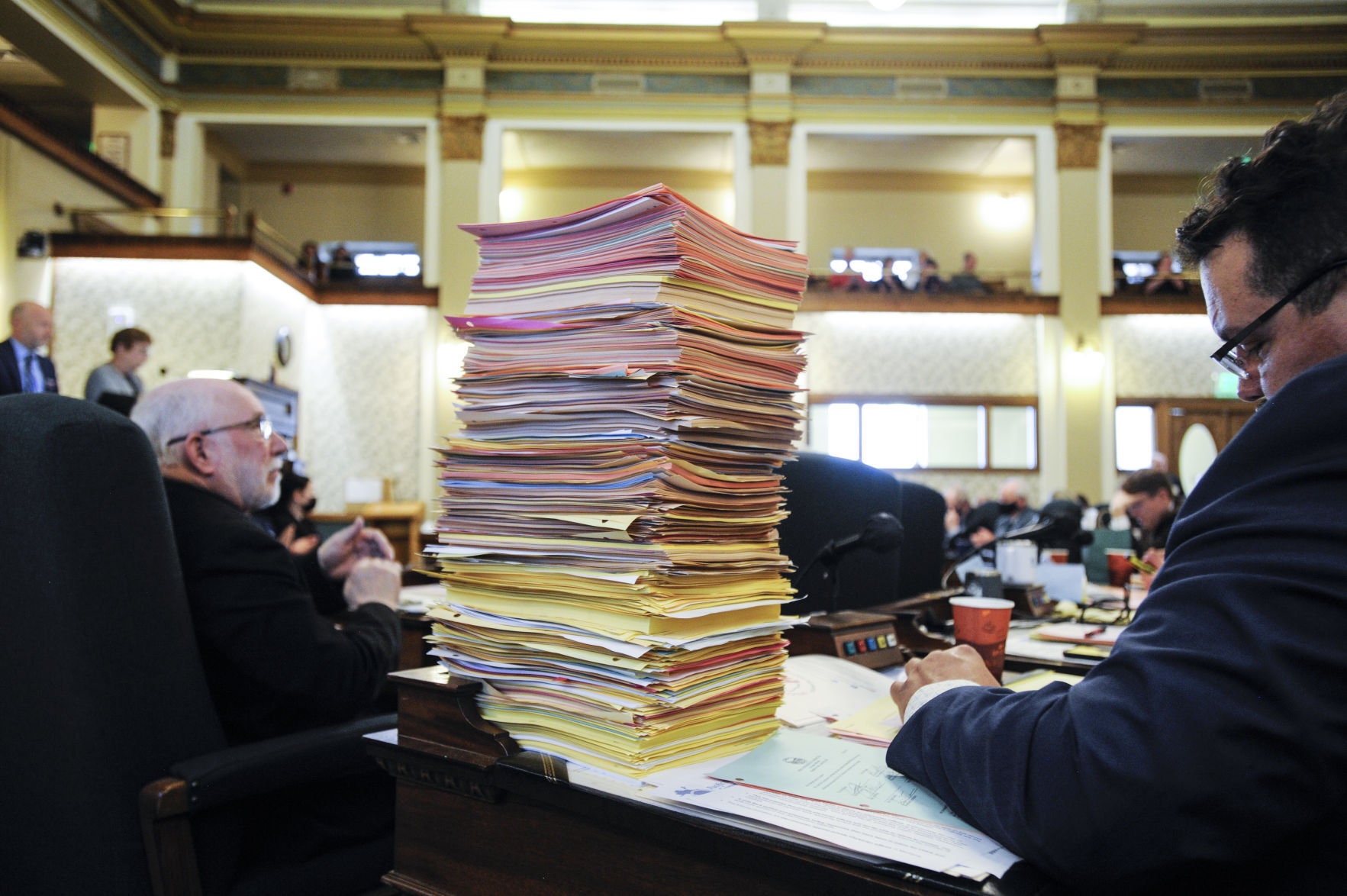 A stack of legislation sits on Sen. Jason Small’s,